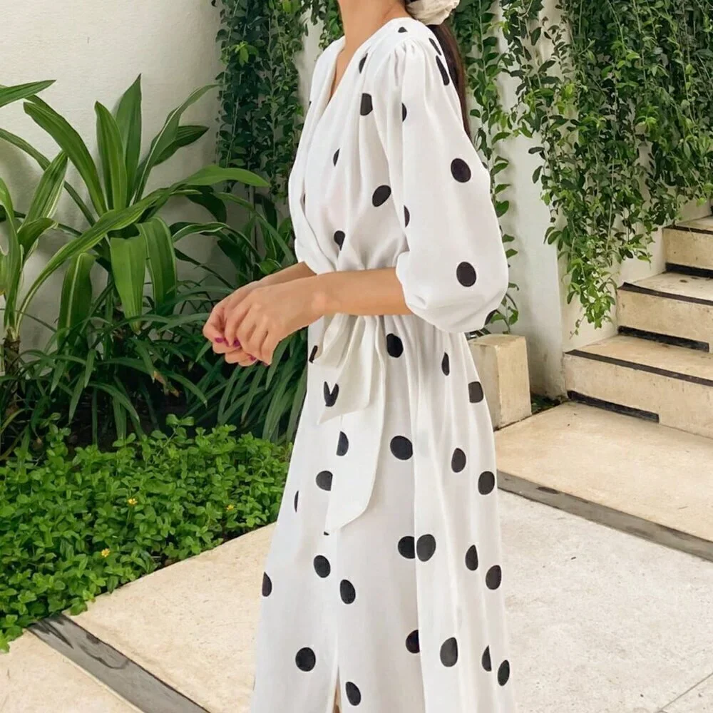 White Casual Women's Polka Dot Print V Neck Wrap Dress With Lantern Sleeve - Picture 5 of 6